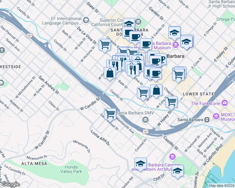 map of restaurants, bars, coffee shops, grocery stores, and more near 330 West Canon Perdido Street in Santa Barbara