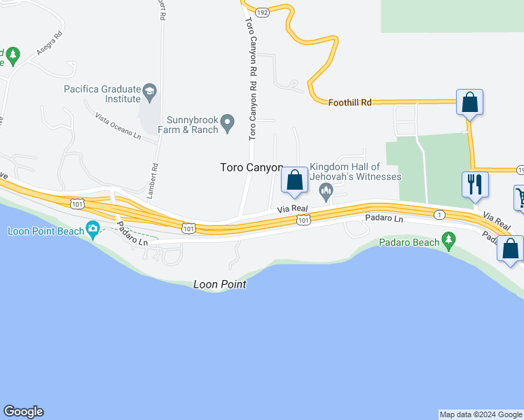 map of restaurants, bars, coffee shops, grocery stores, and more near 101 Ocean View Avenue in Carpinteria