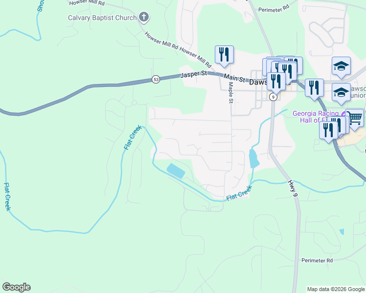 map of restaurants, bars, coffee shops, grocery stores, and more near 378 Flat Creek Drive in Dawsonville
