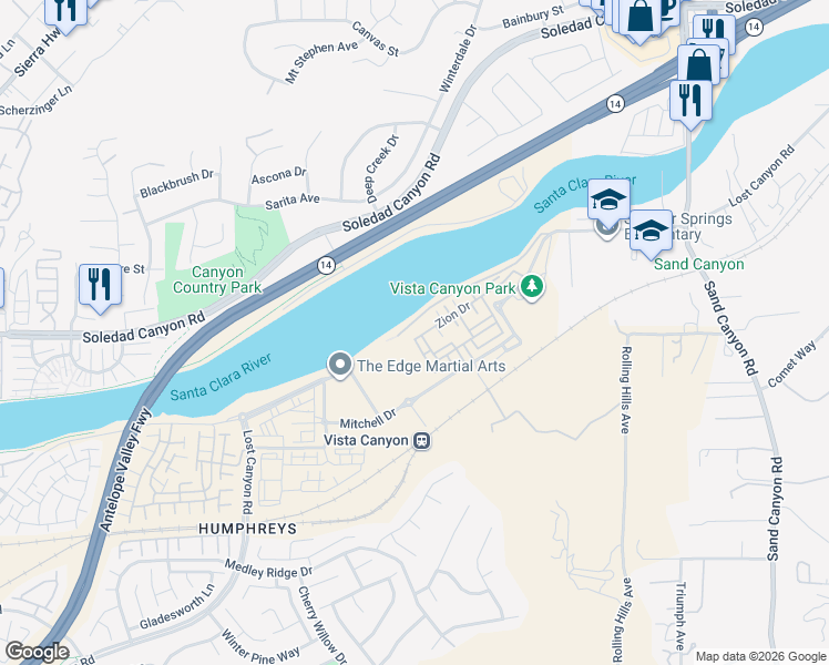 map of restaurants, bars, coffee shops, grocery stores, and more near 27638 Sawtooth Lane in Santa Clarita