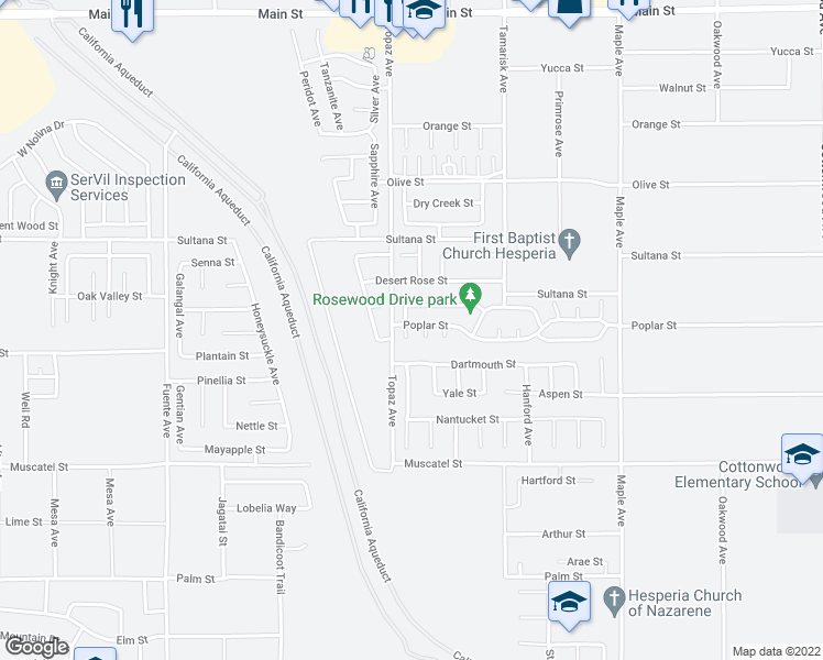 map of restaurants, bars, coffee shops, grocery stores, and more near 9141 Aspenwood Lane in Hesperia