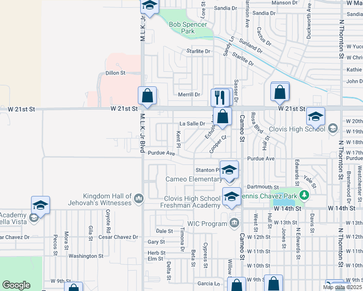 map of restaurants, bars, coffee shops, grocery stores, and more near 1909 Kent Place in Clovis