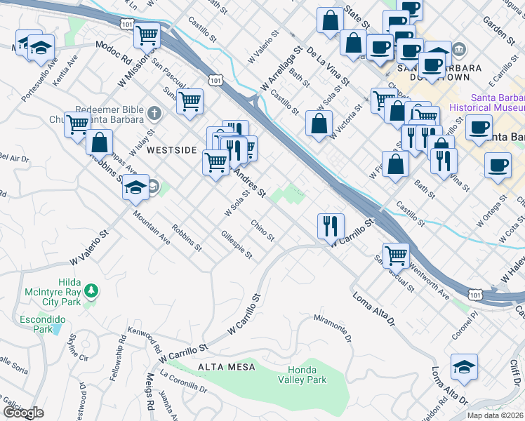 map of restaurants, bars, coffee shops, grocery stores, and more near 1307 Chino Street in Santa Barbara