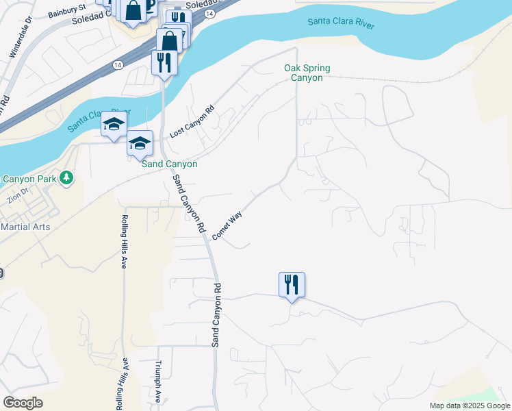 map of restaurants, bars, coffee shops, grocery stores, and more near 16108 Comet Way in Santa Clarita