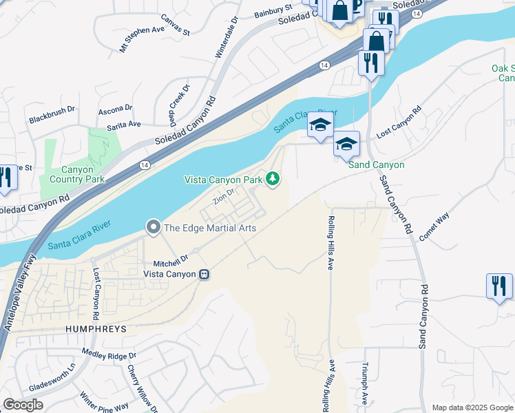 map of restaurants, bars, coffee shops, grocery stores, and more near 27753 Dyer Way in Santa Clarita