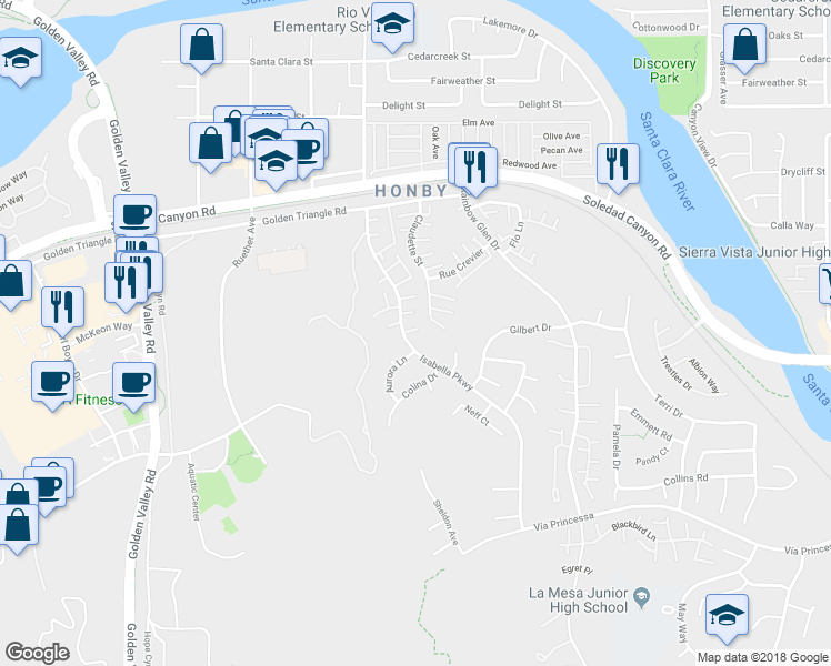 map of restaurants, bars, coffee shops, grocery stores, and more near 26702 Isabella Parkway in Santa Clarita