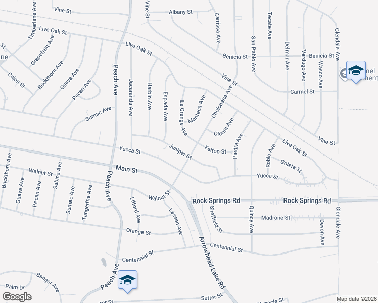 map of restaurants, bars, coffee shops, grocery stores, and more near 18703 Juniper Street in Hesperia