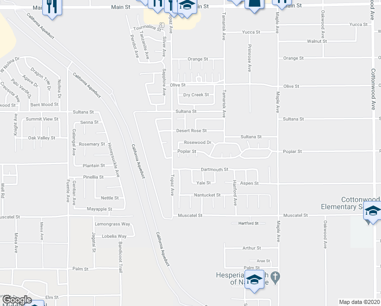map of restaurants, bars, coffee shops, grocery stores, and more near 9143 Ashwood Court in Hesperia