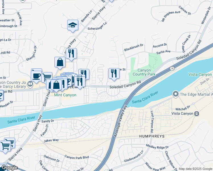 map of restaurants, bars, coffee shops, grocery stores, and more near 18035 Soledad Canyon Road in Santa Clarita