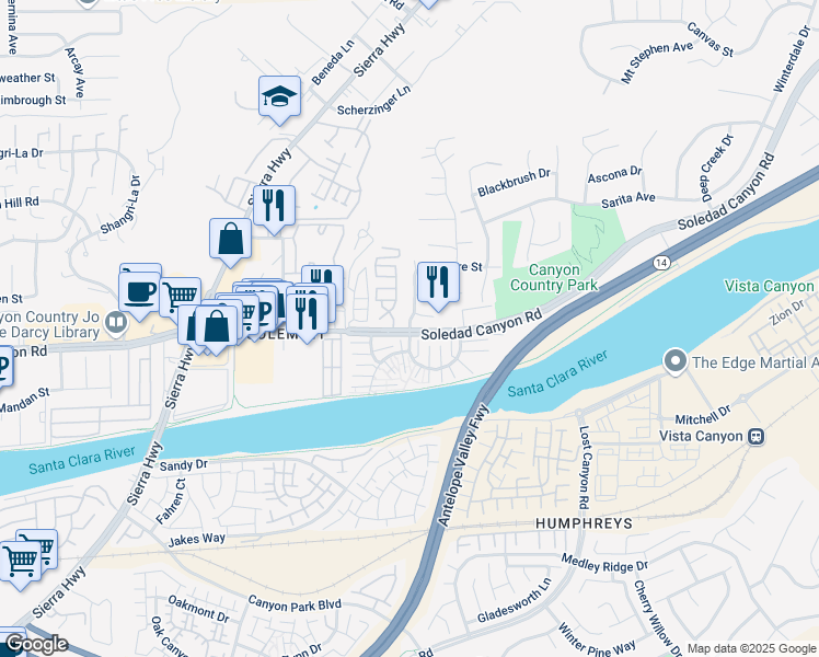 map of restaurants, bars, coffee shops, grocery stores, and more near 27663 Nugget Drive in Santa Clarita