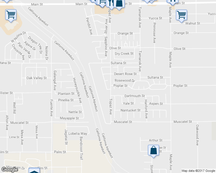 map of restaurants, bars, coffee shops, grocery stores, and more near 9143 Ocotillo Avenue in Hesperia