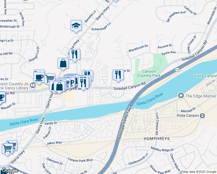 map of restaurants, bars, coffee shops, grocery stores, and more near 27663 Nugget Drive in Santa Clarita