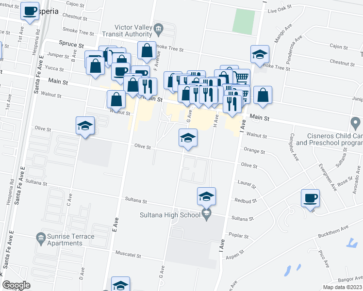 map of restaurants, bars, coffee shops, grocery stores, and more near 9110 G Avenue in Hesperia