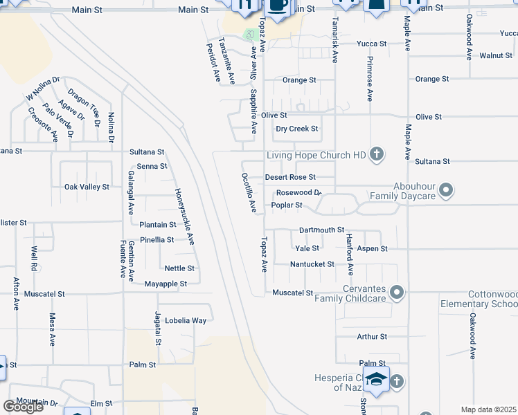map of restaurants, bars, coffee shops, grocery stores, and more near 9143 Ocotillo Avenue in Hesperia