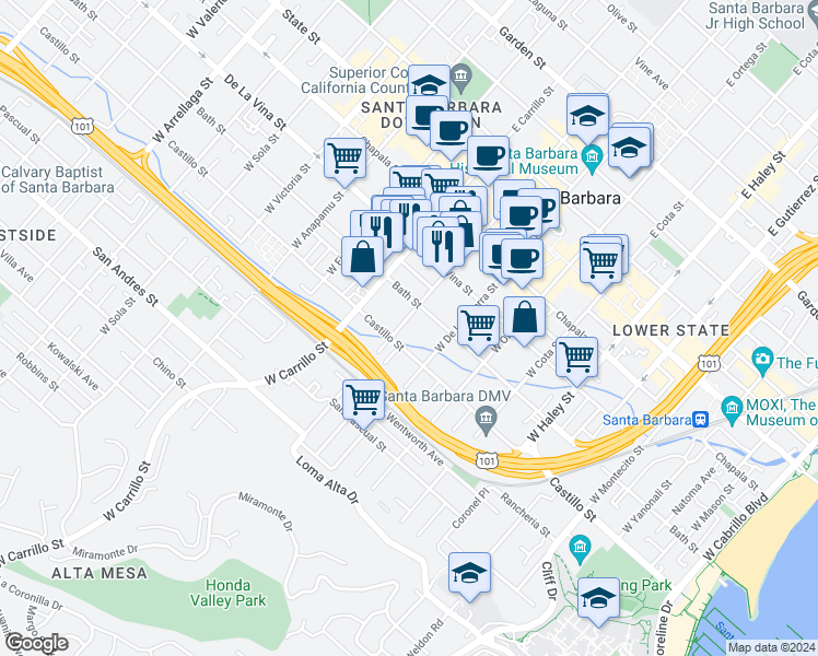 map of restaurants, bars, coffee shops, grocery stores, and more near 319 West Canon Perdido Street in Santa Barbara