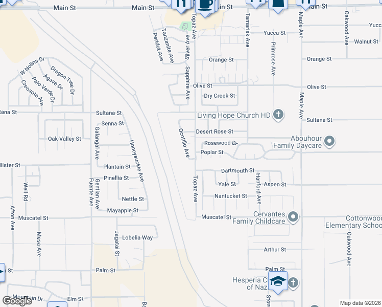 map of restaurants, bars, coffee shops, grocery stores, and more near 9143 Ocotillo Avenue in Hesperia