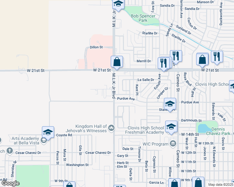 map of restaurants, bars, coffee shops, grocery stores, and more near 1237 Purdue Avenue in Clovis