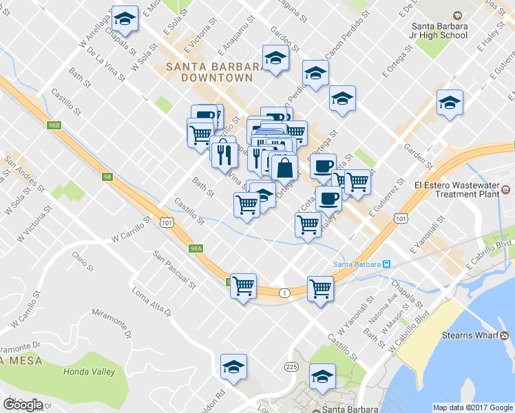 map of restaurants, bars, coffee shops, grocery stores, and more near 228 West Ortega Street in Santa Barbara
