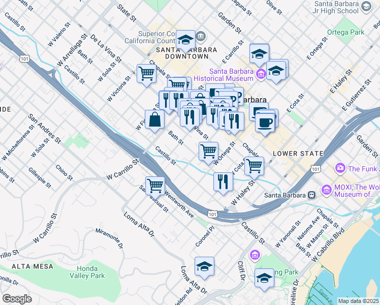 map of restaurants, bars, coffee shops, grocery stores, and more near 311 West De La Guerra Street in Santa Barbara