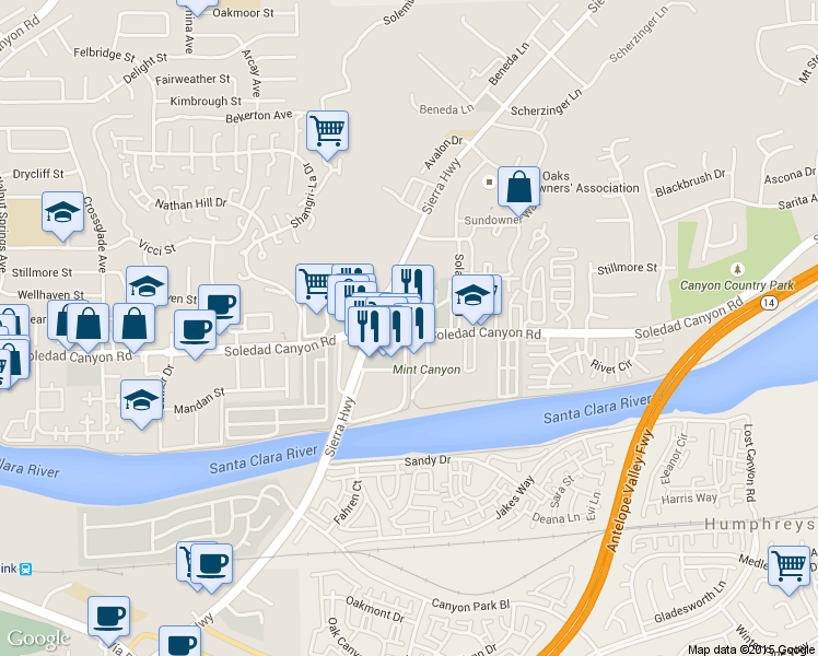 map of restaurants, bars, coffee shops, grocery stores, and more near 18259 Soledad Canyon Road in Santa Clarita