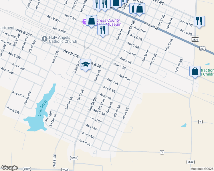 map of restaurants, bars, coffee shops, grocery stores, and more near 401-499 6th Street Southeast in Childress