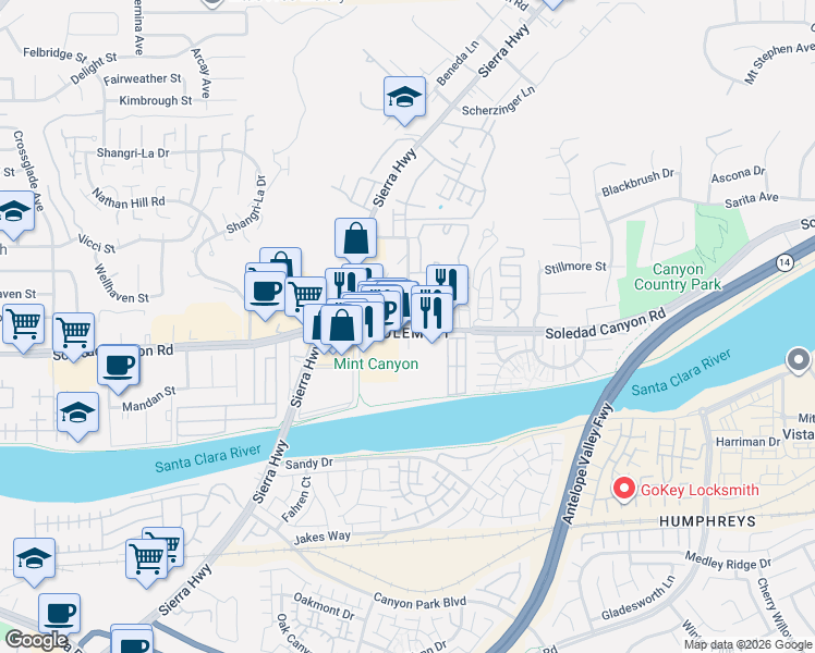 map of restaurants, bars, coffee shops, grocery stores, and more near 18259 Soledad Canyon Road in Santa Clarita