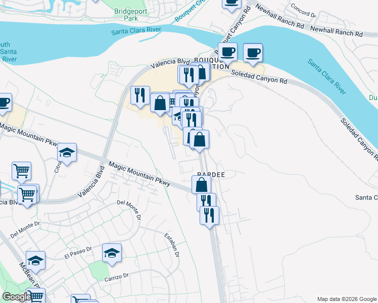 map of restaurants, bars, coffee shops, grocery stores, and more near 26055 Bouquet Canyon Road in Santa Clarita