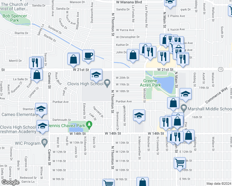 map of restaurants, bars, coffee shops, grocery stores, and more near 721 West 18th Street in Clovis