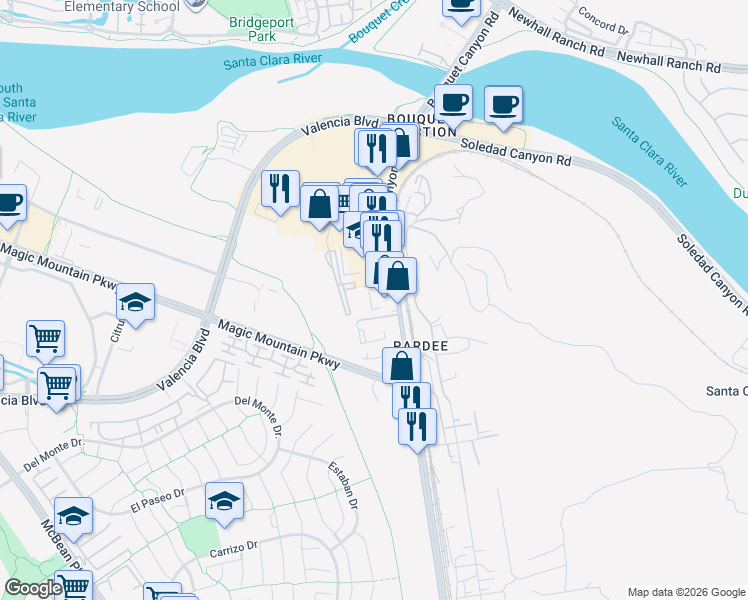 map of restaurants, bars, coffee shops, grocery stores, and more near 26055 Bouquet Canyon Road in Santa Clarita
