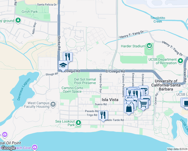 map of restaurants, bars, coffee shops, grocery stores, and more near 775 Camino Del Sur in Goleta