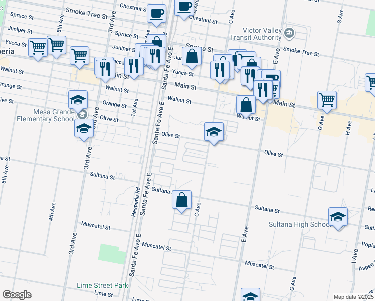 map of restaurants, bars, coffee shops, grocery stores, and more near in Hesperia