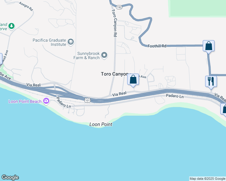 map of restaurants, bars, coffee shops, grocery stores, and more near 130 Toro Canyon Road in Carpinteria