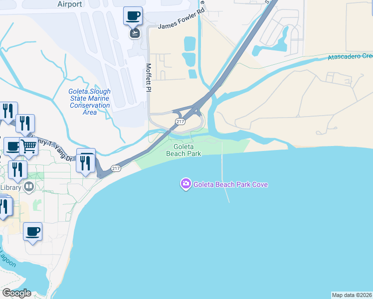 map of restaurants, bars, coffee shops, grocery stores, and more near 5986 Sandspit Road in Goleta