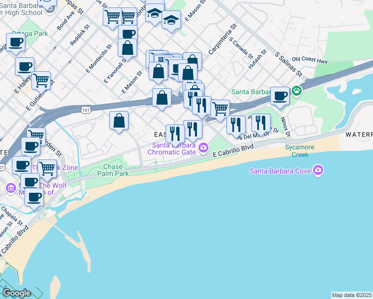 map of restaurants, bars, coffee shops, grocery stores, and more near 633 East Cabrillo Boulevard in Santa Barbara