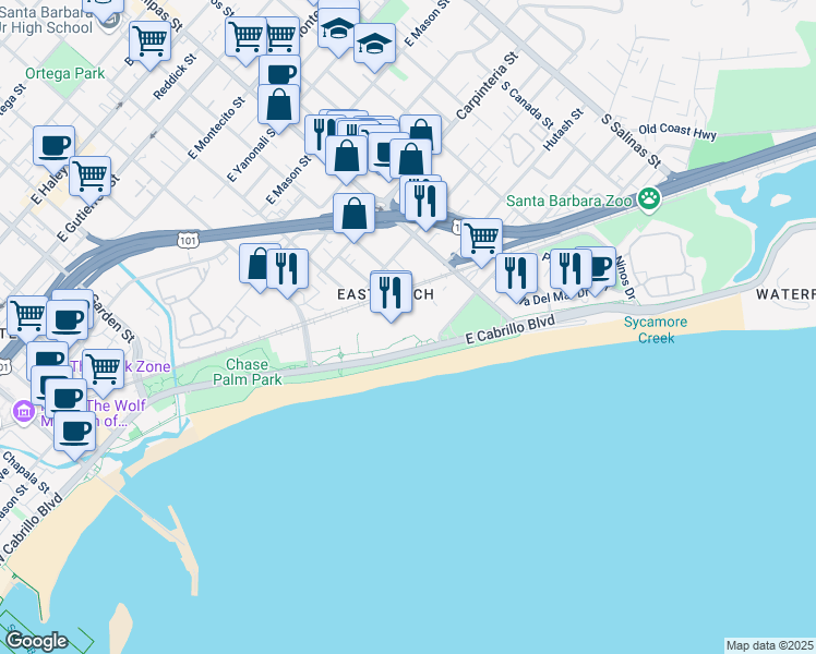 map of restaurants, bars, coffee shops, grocery stores, and more near 633 East Cabrillo Boulevard in Santa Barbara
