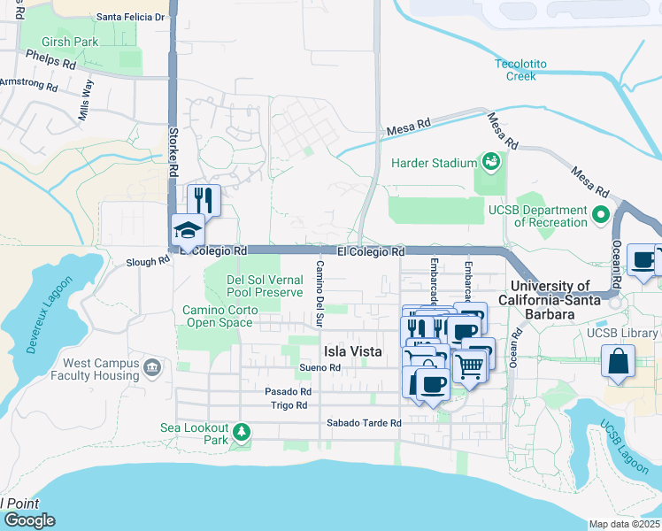 map of restaurants, bars, coffee shops, grocery stores, and more near 6689 El Colegio Road in Goleta