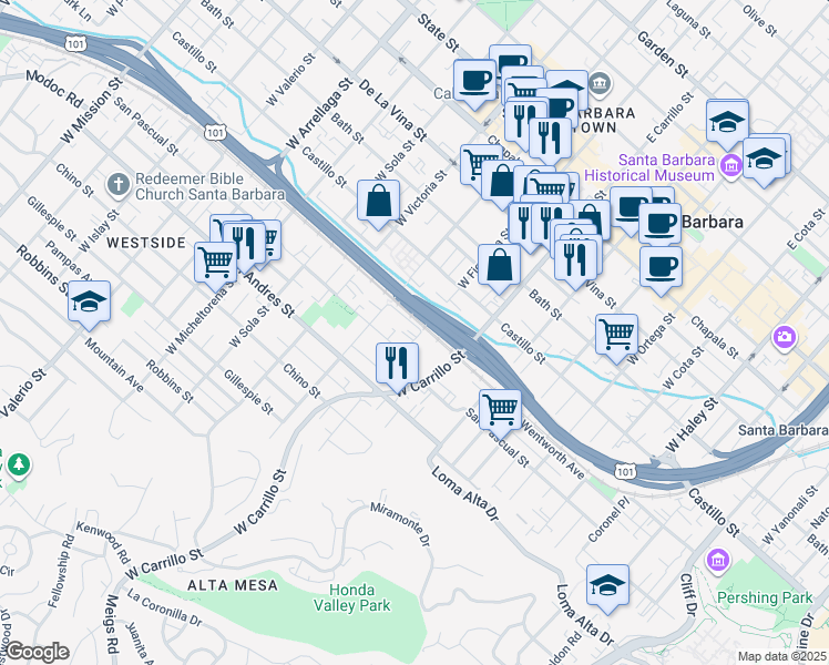 map of restaurants, bars, coffee shops, grocery stores, and more near 518 West Figueroa Street in Santa Barbara