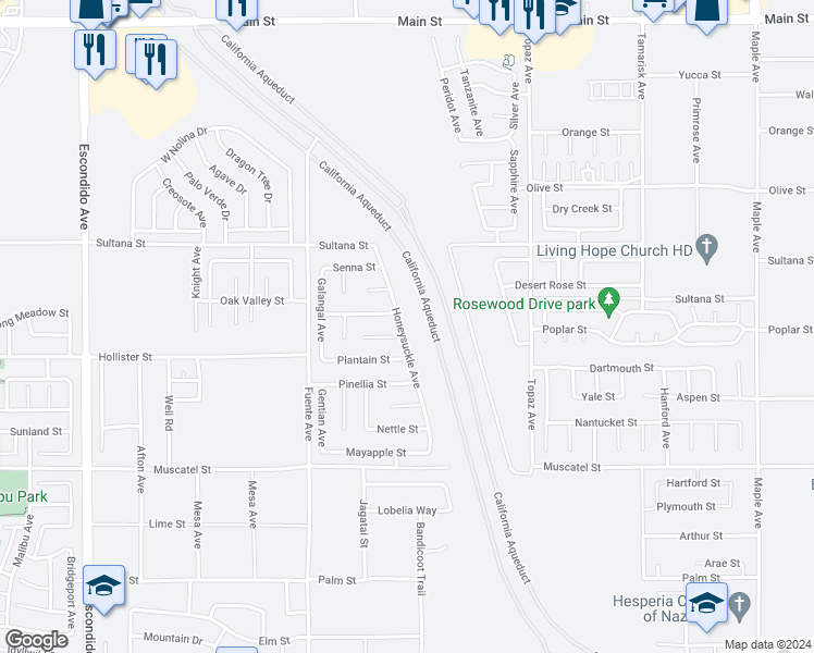 map of restaurants, bars, coffee shops, grocery stores, and more near 9107 Honeysuckle Avenue in Hesperia