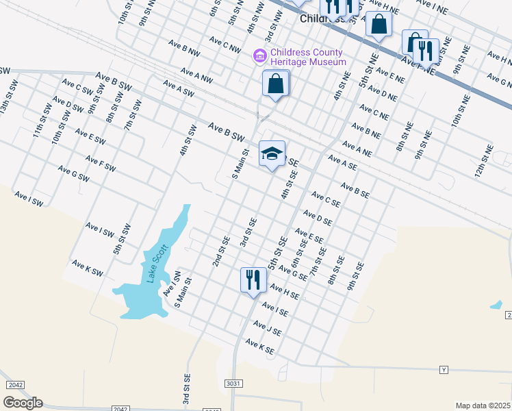 map of restaurants, bars, coffee shops, grocery stores, and more near 301-399 3rd Street Southeast in Childress