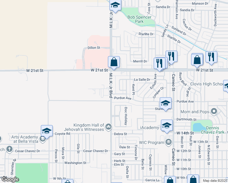 map of restaurants, bars, coffee shops, grocery stores, and more near 1809 Martin Luther King Junior Boulevard in Clovis