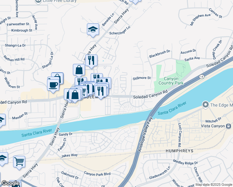 map of restaurants, bars, coffee shops, grocery stores, and more near 18145 Soledad Canyon Road in Santa Clarita