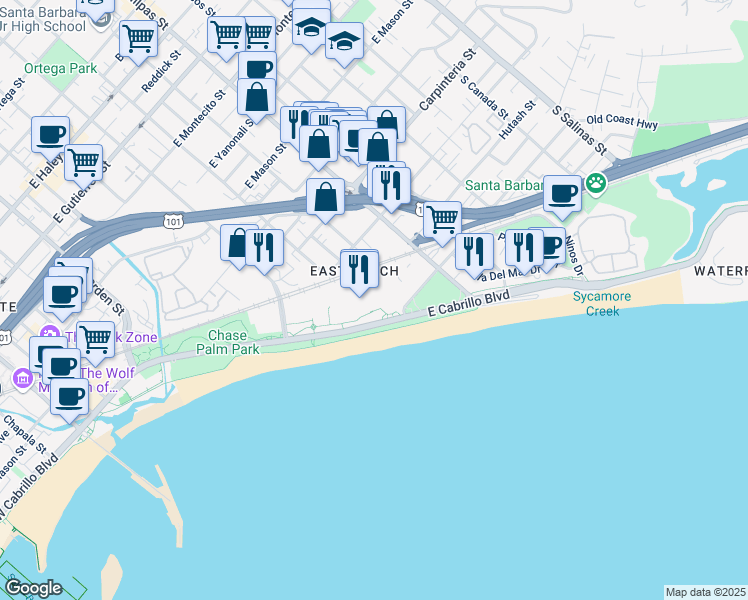 map of restaurants, bars, coffee shops, grocery stores, and more near 701-809 Calle Puerto Vallarta in Santa Barbara
