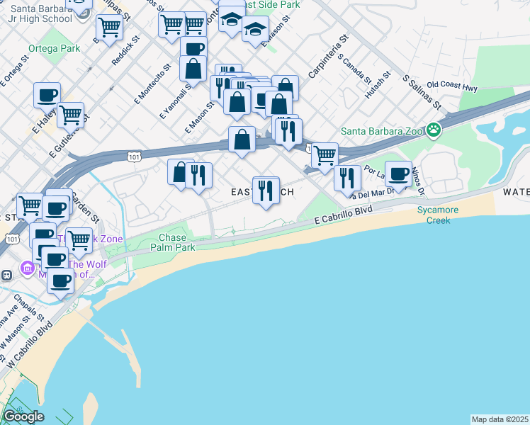 map of restaurants, bars, coffee shops, grocery stores, and more near 714 Cacique Street in Santa Barbara