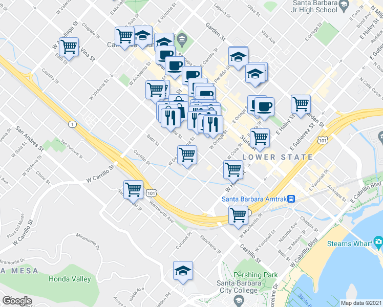 map of restaurants, bars, coffee shops, grocery stores, and more near 133 West De La Guerra Street in Santa Barbara