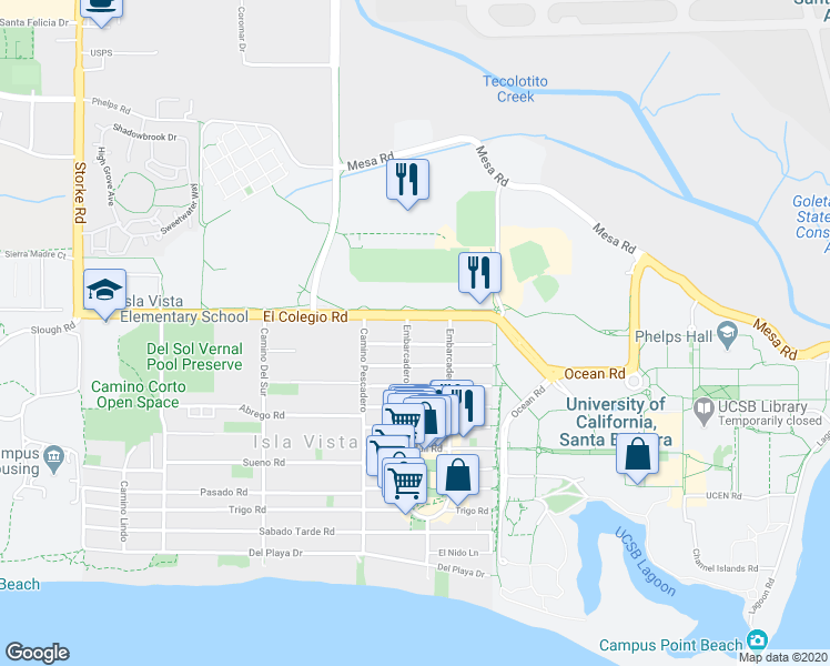 map of restaurants, bars, coffee shops, grocery stores, and more near 6520 El Colegio Road in Isla Vista