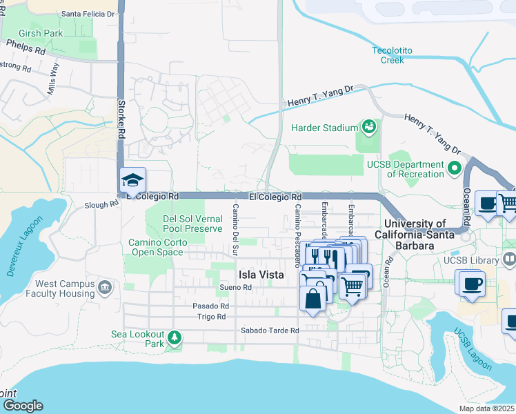 map of restaurants, bars, coffee shops, grocery stores, and more near in University of California-Santa Barbara