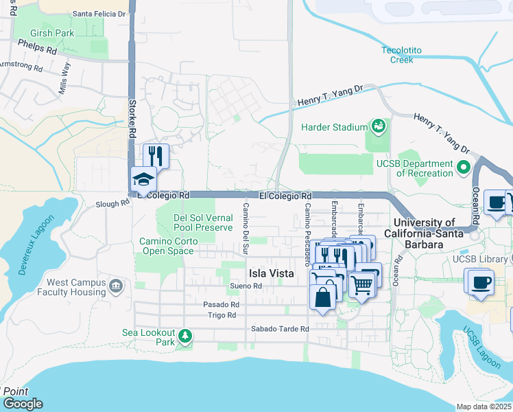 map of restaurants, bars, coffee shops, grocery stores, and more near in Isla Vista