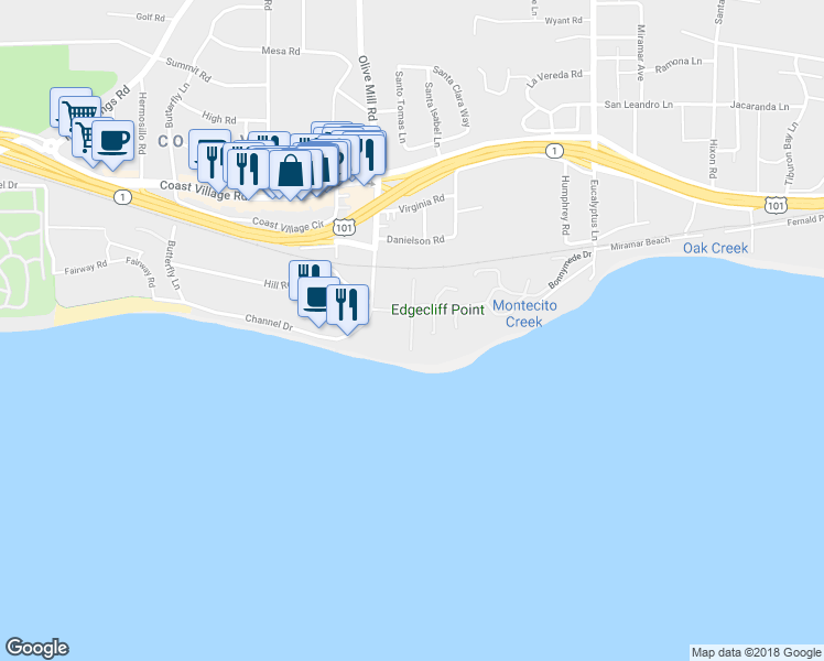 map of restaurants, bars, coffee shops, grocery stores, and more near 2 Maceta Lane in Montecito