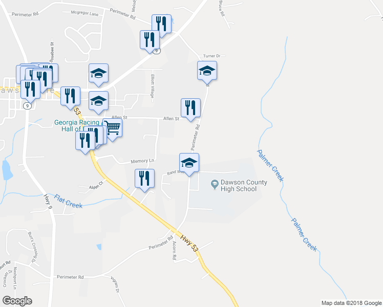 map of restaurants, bars, coffee shops, grocery stores, and more near 1608 Perimeter Road in Dawsonville