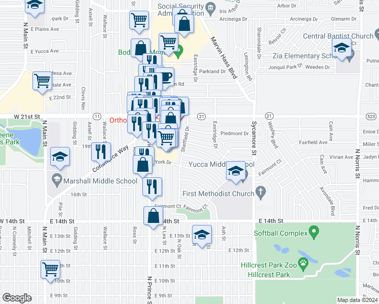 map of restaurants, bars, coffee shops, grocery stores, and more near 1304 Stratford Lane in Clovis